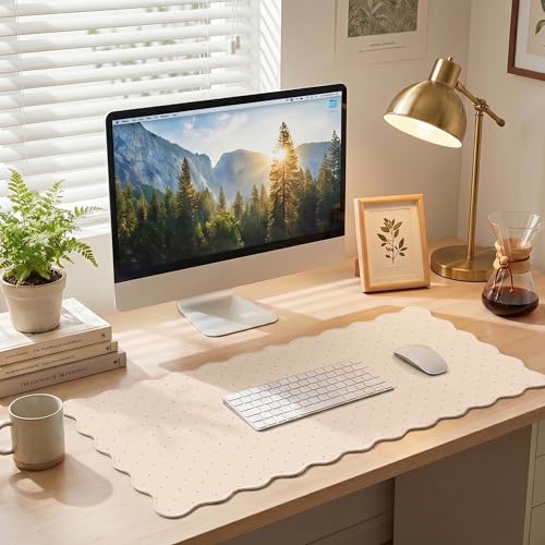 Cute Beige Scalloped Desk Mat with Polka Dot Large Mouse Pad Computer Mat Aesthetic Keyboard Mat for Desktop Laptop Protector for Office & Home - color: A4- Beige Pink