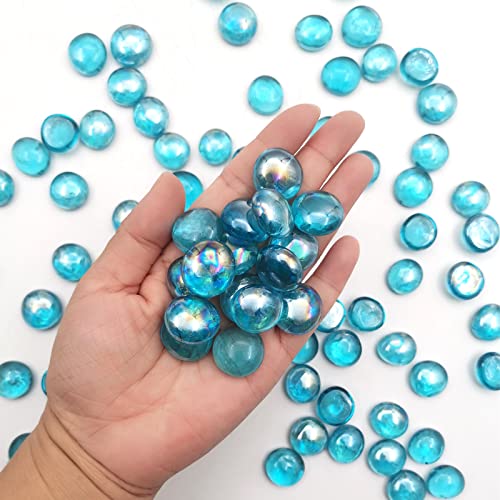 Flat Glass Marbles 1 Pound Vase Filler Fire Pit Glass Pebbles for Indoor Plants, Aquarium Fish Tank Decorations, Home Decor, Fire Pit, Landscaping, Arts Crafts (Ocean Blue)