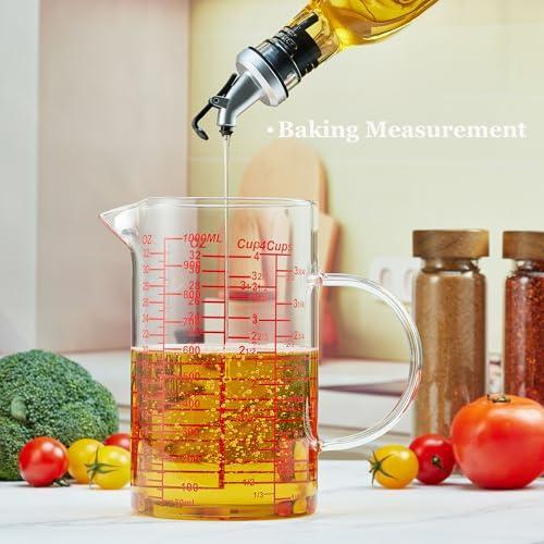 Ackers Mirror Graduated Glass Measuring Cup - [Insulated Handle | V-Shaped Spout] - High Borosilicate Glass Measuring Cup for Kitchen or Dining, Easy to Read, 1000ml (32oz, 4 Cup) - size: 32OZ Mirror Graduated