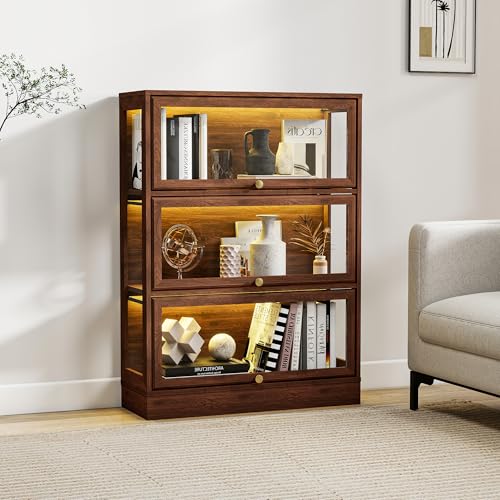 Display Cabinet with Acrylic Glass Doors,3-Tiers Curio Cabinet with LED Lighting for Collectibles, Collectibles Toy Organizers Rack & Display Shelf Display Case Storage Cabinet,Walnut - color: Walnut, size: 31" W x 42" H