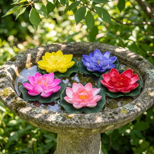 SEWACC 5pcs Artificial Lotus with Water Lily Pad Floating Lotus Flower Realistic Flower Ornanment for Outdoor Garden Pond Aquarium Pool Decoration 10cm
