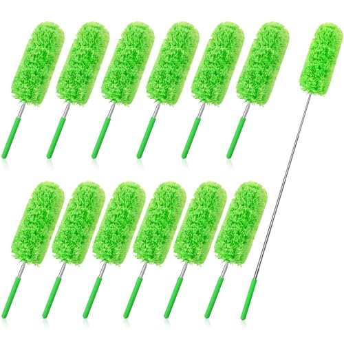 Tanlade 12 Pcs Microfiber Feather Duster for Cleaning 13-31 Inch Extendable Cobweb Dusters Ceiling Fan Duster Washable Bendable Tool for Office Car Window Furniture (Green) - color: Green