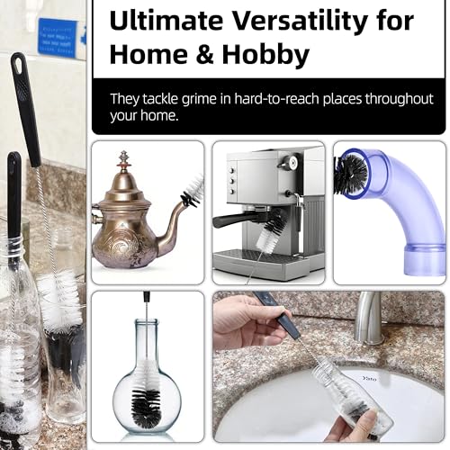2 Pcs Bottle Brushes Set, Long Thin Flexible Bendable Flexible Cleaner for Narrow Neck Bottles, Water/Wine/Beer/Baby Bottles, Pipes, Tubes, Hoses, Teapots - Bendable & Dishwasher Safe
