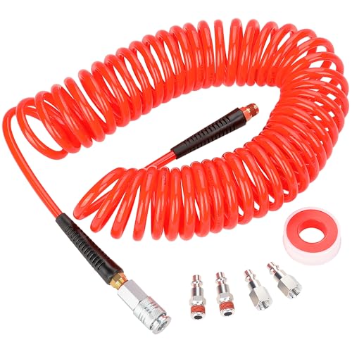 Hromee 1/4 in x 30 ft Polyurethane Recoil Air Compressor Hose with Bend Restrictors Compressor Hose with 1/4" Industrial Universal Quick Coupler and 4PCS I/M Plug Kit, Red - size: 30FT