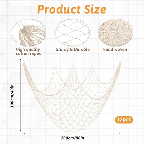 12 Pcs Natural Fish Net Decorations, 80 x 40 Inch Ocean Themed Fishing Net Natural Cotton Decorative Wall Hanging Fishing Nets for Sea Party, Beach Party, Hawaiian, Nautical, Picture (Beige) - size: 12 Pcs