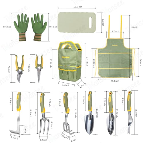Set of 12 Garden Tool, iHansee Heavy-Duty Aluminum Gardening Hand Tools with Rubber Non-Slip Handle, Garden Apron, Gloves, Kneeling Pad and Storage Bag, Garden Hand Tools Starter Kit Landscaping Tools - style: Green