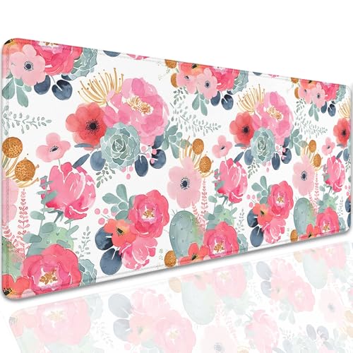 Watercolor Flowers Desk Pad Mouse Pad,Large Floral Mouse Mat with Stitched Edges,Non-Slip Rubber Base Mousepad for Office PC Keyboard Laptop and Home Work Desk Mat(27.5X11.8 in) - color: Watercolor flowers