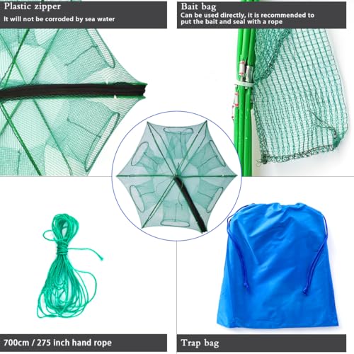 Drasry Black Fishing Bait Trap Foldable Fish Net for Minnow Crab Crayfish Crawdad Shrimp Trap Cast Net Dip Cage Collapsible Easy Use 4 6 Hole Fishing Accessories - color: green, size: 27.6*10.2 in（ 70*26 cm）, style: 1pcs 4 Entrance Holes