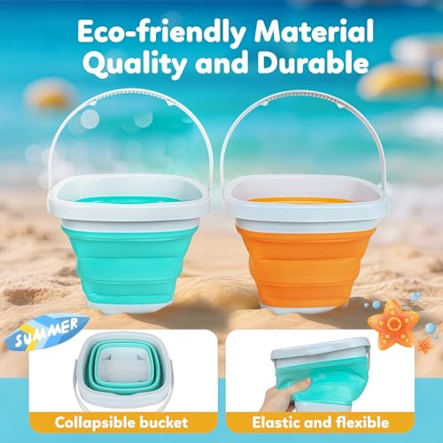 GKDOMS Kids Beach Toys Set with Collapsible Bucket, Sand Rake and Shovel, Turquoise and Orange, Ages 2-6, 2pack Travel Toys (Two Mix) - color: Two Mix