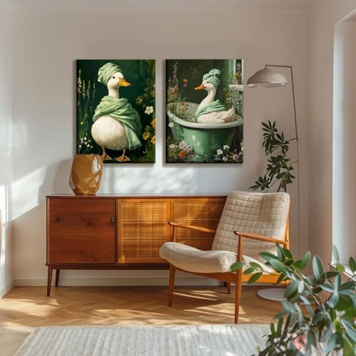 2 Pcs Dark Green Duck Canvas Wall Art Botanical Moody Wildflowers Posters Print Spa Duck in Bathtub Pictures Artwork Vintage Floral Wall Paintings for Bathroom Toilet Restroom Decor 16x24 Inch
