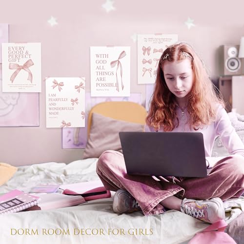 LARTSFRO Coquette Pink Bow Wall Art Decor Posters, Blush Pink Bow Room Bedroom Bathroom Dorm Wall Art Decor Aesthetic for College Teen Girls Gifts, Inspirational Bible Verses Bow Wall Decor, 10x8 Inch Set of 4 Pcs Bow Pictures (UNFRAMED) - color: blush pi