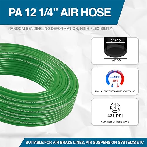 Utah Pneumatic 1/4" Dot Air Line Sae J844 Pa12 Nylon Tubing For Air Suspension, Industrial Automation, Workshop Air Systems, Misting & Fluid Transfer Green - 10 Meters (32.8ft) - color: Green, size: 1/4" x 32.8 Feet