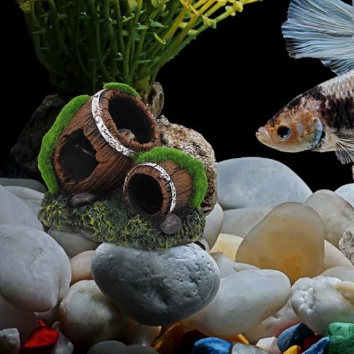 Resin Aquarium Barrel Decor Fish Tank Ornaments Betta Fish Hideout Small Resin Wine Barrel for Aquarium Cave Lizard Tank Accessories