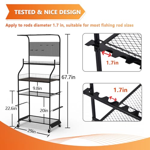 Heavy Duty Fishing Rod Rack, Fishing Organizer for Garage, Fishing Gear Holder for Garage with Movable Wheels - size: 15 Rods & Upgraded Pegboard