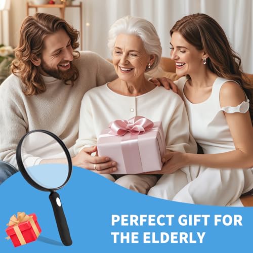 10X Large Magnifying Glass for Reading, Upgraded Handheld Magnifier with 5.12inch Anti-Glare Lens, Non-Slip Handle for Close Work, Seniors Reading, Kids Nature Exploration, Hobby Observation
