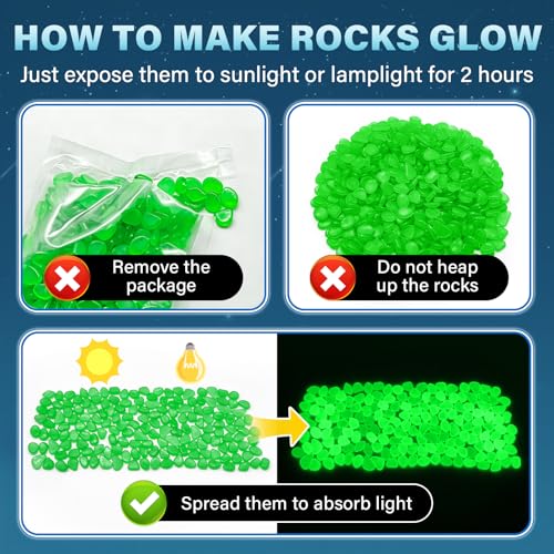 PoYang 1000pcs Glow in The Dark Rocks Outdoor - Green Resin Glowing Pebbles for Landscaping, Garden, Fish Tank and Aquarium Indoor Decor, Powered by Sunlight or Lamplight (0.4"-0.7"/pc, 1.2lbs/Bag) - color: Green