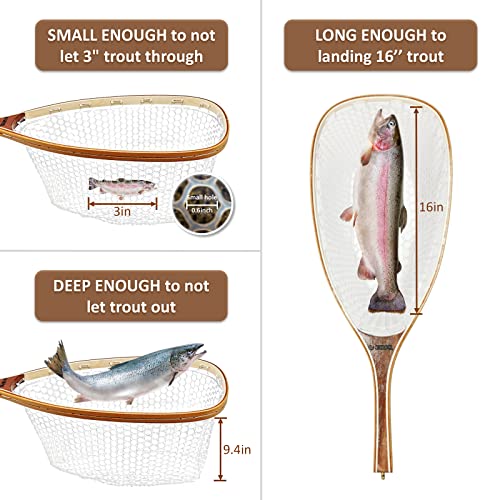 Fly Fishing Net Trout Net with Magnetic Release and Rod Holder Wooden Frame Landing Net with Soft Rubber Mesh for Catch and Release (Clear Small Holes)