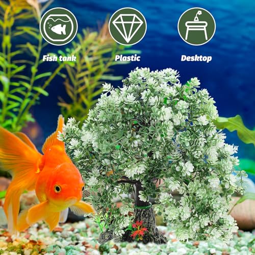Healeved Aquarium Artificial Tree Decor Realistic Fish Tank Landscaping Ornament for Home Decoration Premium Craft for Aquatic Plants and Desktop Decor - color: White Green, size: 26.00X26.00X5.50CM