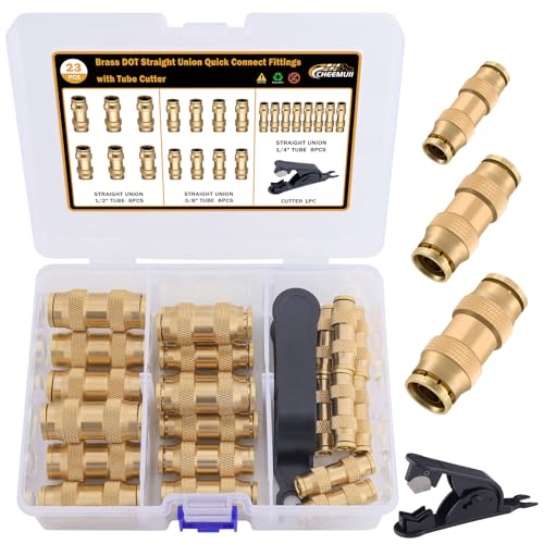 CheeMuii 23 PCS Brass DOT Air Line Fittings Kit 1/4 3/8 1/2 DOT Quick Connect Air Fittings Straight Union Push to Connect Air Hose Fittings for Semi Truck Trailers Air Brake System - size: 23PCS