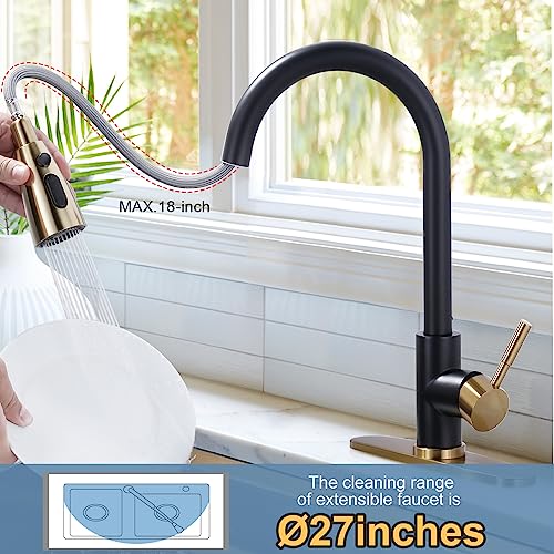 Black and Gold Kitchen Faucet with Sprayer, WOWOW Kitchen Sink Faucet Stainless Steel Single Handle Kitchen Faucets with Deck Plate, 360 Swivel High Arc Single Hole RV Kitchen Faucet - color: Black & Gold, style: Kitchen Faucet