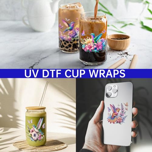 UV DTF Cup Wrap for 16oz Glass, 12 Sheets Watercolor Hummingbird UV DTF Stickers, Rub on Transfers Stickers for Mug Bottle - style: Watercolor Hummingbird