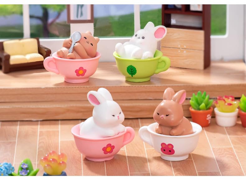 6PCS Brown Rabbit/Porcelain Cup Resin Figurines – Creative DIY Miniature Animal Ornaments for Micro Landscape, Fish Tank Aquarium Decor, Fairy Garden, Moss Decoration, Desktop Display, Car Accessories