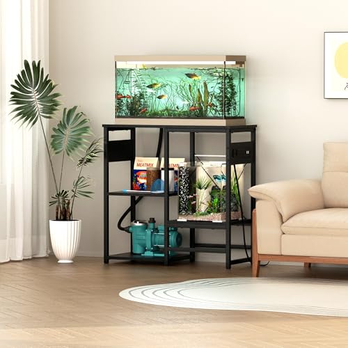 GRLEAF 20-30 Gallon Fish Tank Stand with Power Outlets, 4 Tier Metal Aquarium Stand with Wood Storage Shelves, 30.7" L x 13.8" W x 30.3" H Turtle Reptile Fish Tank Table Aquarium Table - Black - size: 20-30 Gallon