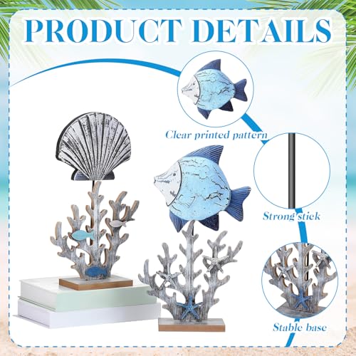 Novabright 2 Pcs Wooden Fish Decor Summer Ocean Centerpieces for Tables Standing Coral Statue with 3D Starfish Seashell for Nautical Shelf Coastal Beach Home Decoration Marine Themed Gift
