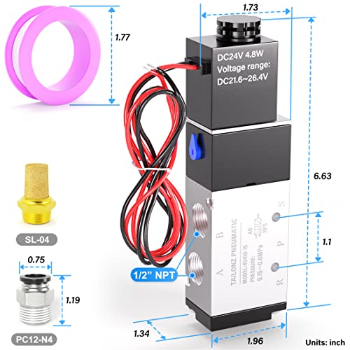 TAILONZ PNEUMATIC 1/2"NPT Solenoid Valve 4V410-15 12V/24V/110V/220V Single Coil Pilot-Operated Electric 2 Position 5 Way Connection Type - size: 1/2"NPT/DC24V/Out of line, style: 2 Position 5 Way