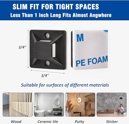 50 Set Cable Zip Tie Self Adhesive Mounts Kit with 6" Zip Ties, 3/4" Wire Holders Squares, Screws - Sticky Wire Fasteners Cable Clips Management Anchors Organizer - color: Black, size: 50 Set