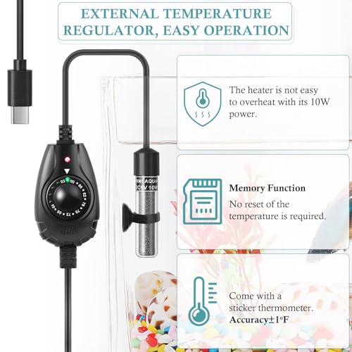 Mini Type-C Aquarium Heater, Small Adjustable Heater with External Controller for up to 2.5Gallon Small Fish Tank, Nano Fish Tank Heater, Betta Heater for Fish Bowls