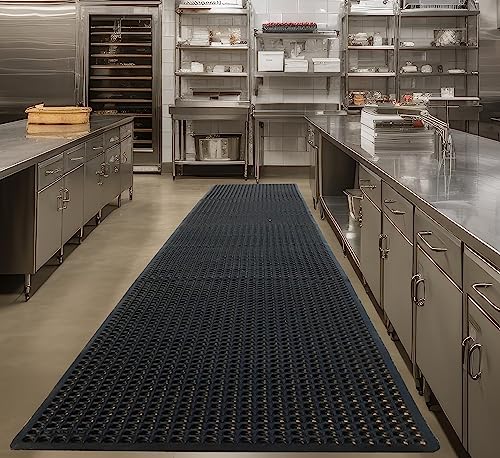 Rhino Mats, K-Series Comfort Tract Anti-Fatigue Drain-Thru Beveled Floor Mat, Drainage Non-Slip Grease-Resistance for Kitchen, Restaurant, Pool, Gym, Bar or Patio (Black, 3' x 15' x 0.5") - size: 3' x 15'