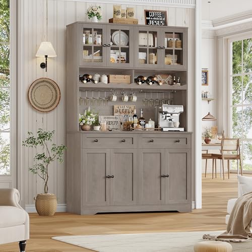 HOSTACK 75.4" Tall Kitchen Pantry Cabinet with Charging Station, Modern White Kitchen Hutch with Microwave Stand and Wine Rack, Large Food Pantry Storage Cabinet with Glass Doors and Drawers, Ash Gray - color: Ash Gray