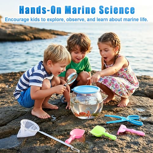 Kids Beach Exploration Kit, Catch & Release Aquarium Toy Set with Net, Crab Tongs, Sand Shovels & Clear Critter Keeper, Beach Toys for Kids Ages 2–12 (Beach, Lake, River)