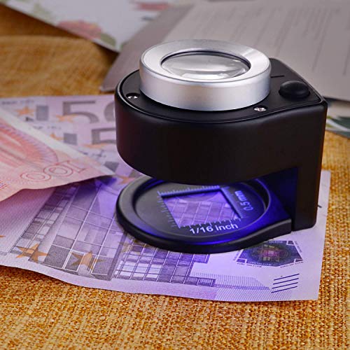 30X Loupe Magnifier with 6 Light, Desktop Portable Metal Magnifier Folding Scale Sewing Magnifying Glass for Textile Optical Jewelry Tool Coins Currency (Black) - color: Black