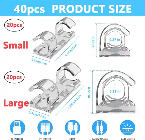 40 PCS Cable Clips (Small & Large),Adhesive Cable Clips for Wall,Finisher Wire Clamp for TV PC Laptop,Cable Management Clips Outdoor Light Clips - color: 40PC Clear