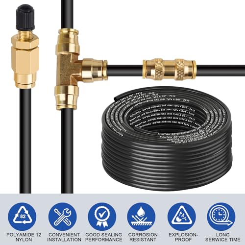 3/8" OD x 50FT DOT Air Line Black SAE J 844 PA12 Nylon Air Brake Tubing with Cutter and Teflon Tape, Pneumatic Nylon Air Line Hose for Semi Truck Trailer Air Brake System & Fluid Transfer - size: 50FT-3/8"OD
