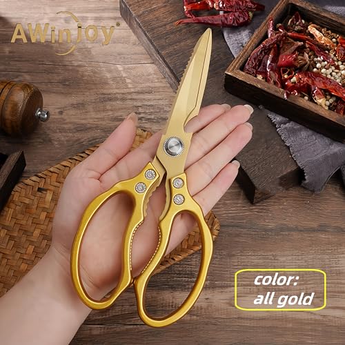 AWinjoy Japanese Gold Kitchen Scissors, Heavy Duty Stainless Steel, Multipurpose Cooking Shears, Dishwasher Safe - color: All Gold