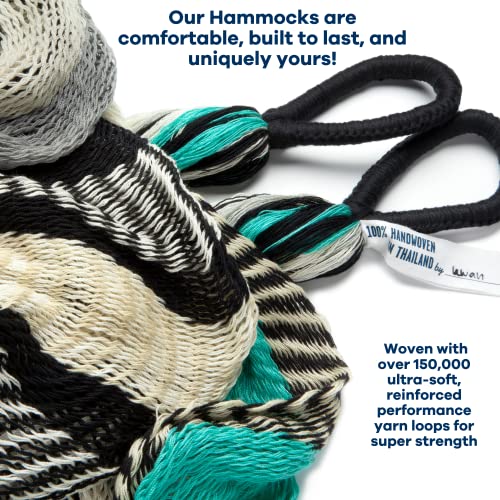 Handwoven Hammock by Yellow Leaf Hammocks - Double Size, Fits 1-2 PPL, 400lb max - Weathersafe, Super Strong, Easy to Hang, Ultra Soft, Artisan Made - Color: Turquoise - Black -White - color: Zanzibar- Turquoise, Black and White, size: Fits 1-2 People (40