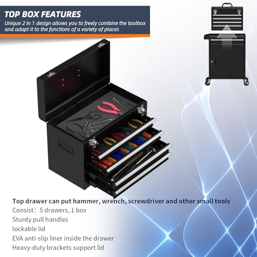5-Drawer High Capacity Rolling Tool Box, Removable Cabinet Storage Tool Chest with Wheels and Drawers, Detachable Toolbox with Lock for Mechanics Garage Workshop and Tool Room (Black) - color: Black