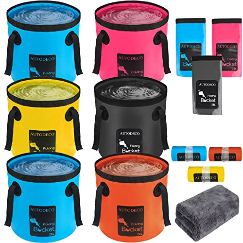 Collapsible Bucket 5 Gallon Container Folding Water Bucket Portable Wash Basin - color: 6pcs-2blue & 1orange & 1yellow & 1pink & 1black