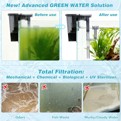 Large Hang on Back Aquarium Filter 264GPH for 20-75 Gal Fish Tank, w/ U-V Light Surface Skimmer 13-Stage Green Killing Deodorization Machine Saltwater Freshwater Crystal Clear Suspension Oxygen - size: WP-609H