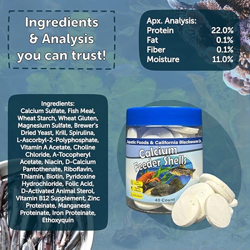 Calcium Feeding Shells, Small & Medium for Shrimp, Snails, Crabs, Crayfish, Plecos, Catfish, All Tropical Fish, 4-Type Wafer & 12-Type Pellet Mix Included 40 Count Canister - size: 40 Count (Pack of 1)