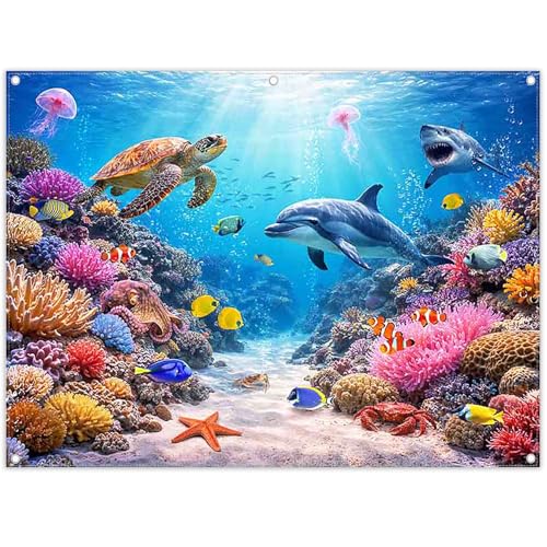 Fabric 8x6ft Under The Sea Photography Backdrop Ocean Underwater World Animals Tropical Fish Dolphin Turtle Mermaid Sunlight Background Kids Party Decorations Photo Props - size: 8'x6'
