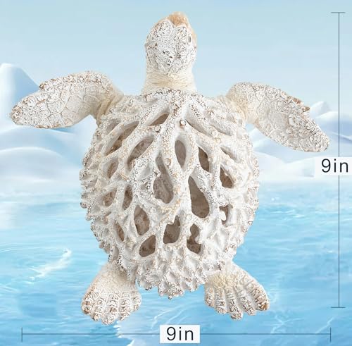 VVGIFTS Ocean Decor White Sea Turtle Coral Reef Home Office Decor Sculpture Beach Coastal Tabletop Shelf Collection (White) - color: Grey and White
