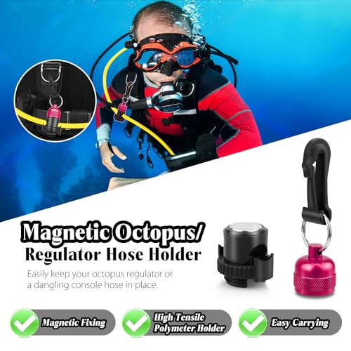 2PACK Scuba Regulator Hose Holder, Magnetic Adjustable Octopus Holder Octo Tank Retainer with Clip, Installs to Your BCD Easily! - color: Red