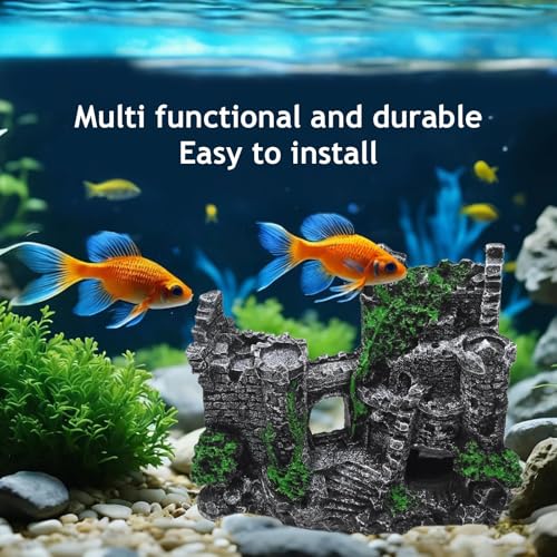 Aquarium Resin Castle Decor, Large Ancient Stone Castle Fish Tank Ornament with Caves & Tunnels, Realistic Hideout for Betta Fish, Guppies, Shrimp, Turtles (Freshwater & Saltwater Safe)
