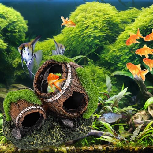 NQEUEPN Fish Tank Broken Barrel Decoration, Dual-Barrel Resin Aquarium Decor, Betta Fish Hideout, Brown Rustic Cave