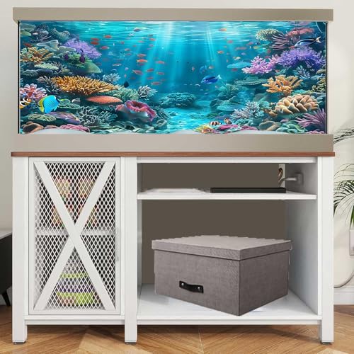 Underwater Aquarium Background, Ocean Floor Coral Reef Undersea Tropical Fish Coral Reef, Polyester Fish Tank Background with 6 EVA Double-Sided Tapes 36x18 inches/90x45 - color: Bule, size: 36"L x 18"W