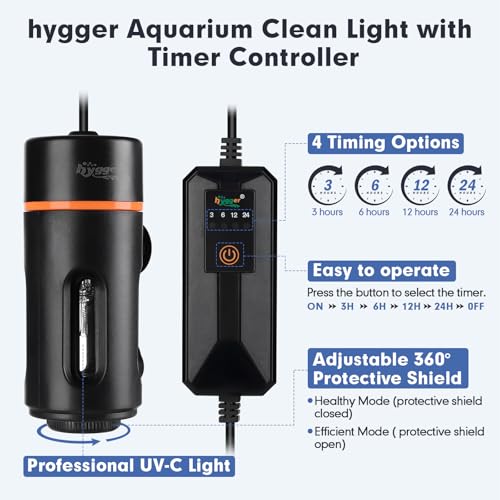 hygger Aquarium U-V Light with Timer, 360° Protective Shield Clean Light for Green Water and Algae Clean, Mini Algae Control Lamp for Freshwater and Saltwater Tank (5W for 13-40 Gallon) - size: 5W for 13-40 Gallon